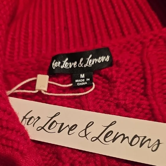 NWT FOR LOVE AND LEMONS ANDIE ZIP FRONT RED CABLE KNIT SWEATER SIZE M